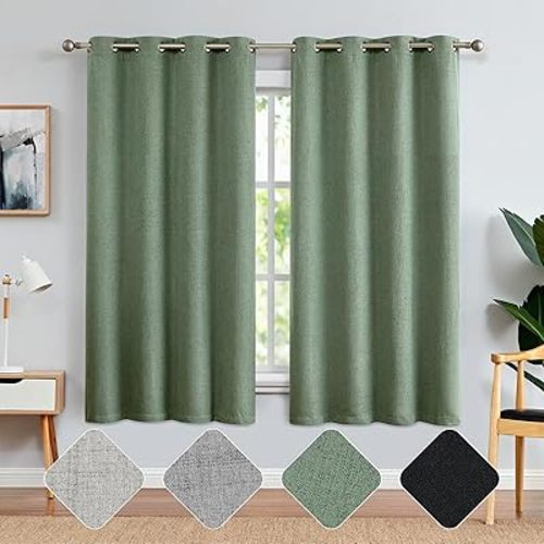 jinchan 100% Blackout Curtains for Bedroom, Linen Textured Curtains 63 Inch Length 2 Panels Set, Thermal Insulated Drapes for Living Room, Grommet Top Window Treatments, Heathered Sage Green