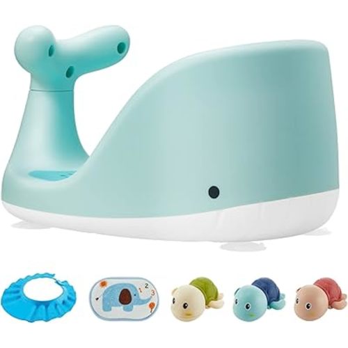 Whale Shape Baby Bath Seat – 3 Bath Toys + Bath Brush + Shower Cap – Ergonomic Backrest – Elastic and Breathable – 4 Strong Non-Slip Suction Cups – Ideal Gift! (Green)