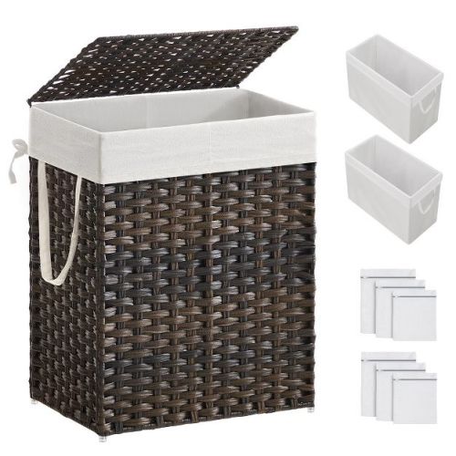 SONGMICS 110L Laundry Hamper with Lid Clothes Hamper with 2 Removable Liner Bags & 6 Mesh Bags Natural