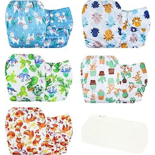 wegreeco Cloth Diapers 5 Pack with 5 Inserts, Washable Cloth Diapers for Babies, One Size Adjustable Reusable (Fresh Animal)