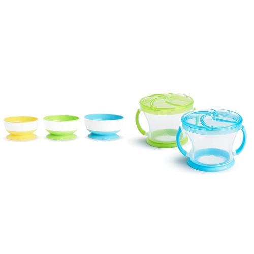 Munchkin® Stay Put™ Suction Bowls for Babies and Toddlers, 3 Pack, Blue/Green/Yellow & ® Snack Catcher® Toddler Snack Cups, 2 Pack, Blue/Green