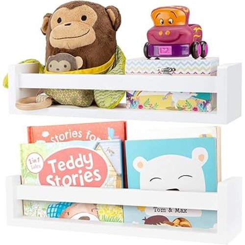 Nursery Book Shelves - White Floating Bookshelf - Set of 2 Beautiful Floating Book Shelves for Kids Room - Nursery Decor, Bathroom or Baby Nursery