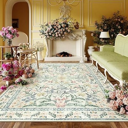 Lahome Boho Rugs for Living Room 5x7, Machine Washable Area Rugs Non-Slip, Vintage Floral Soft Kids Bedroom Carpet Rug for Home Girls Playroom Foyer Entryway, Beige/Multi