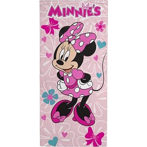 Disney Minnie Mouse Bath Pool Beach Towel - Kids Super Soft & Absorbent 100% Cotton Towel with Flowers and Hearts, Measures 28 x 58