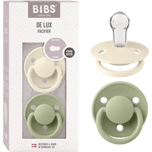 BIBS Pacifiers - De Lux Collection | BPA-Free Baby Pacifier | Made in Denmark | Set of 2 Ivory/Sage Color Premium Soothers | Size One Size