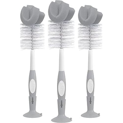 Dr. Brown's Reusable Sponge Baby Bottle Cleaning Brush Set with Suction Cup Stand, Scrubber and Nipple Cleaner, Gray, 3 Pack