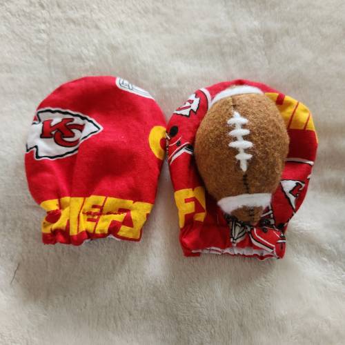 Kansas City Chiefs NFL themed baby mitts no scratch mitts newborn to 4 months features a felt football baby shower gift gender reveal gift