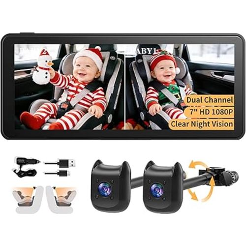Dual Car Camera Baby Monitor with 6.9" Split Screen-1080P HD Carseat Camera for 2 kids with 360° Full Rotation-Night Vision, Auto-detail Enhancement, 2 Power Ways, Easy Install, for Twins & Siblings