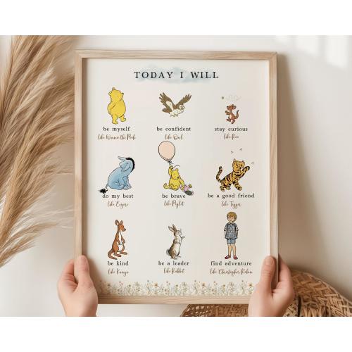 Today I Will Winnie the Pooh Nursery Wall Art, Positive Affirmations Classic Pooh and Friends Quotes for Kids Room Decor, Printable