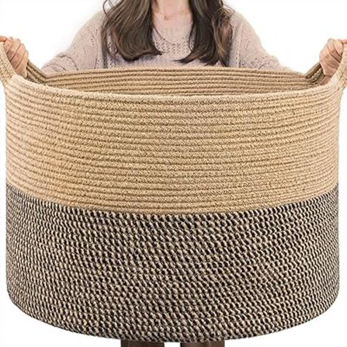 INDRESSME Extra Large Woven Baskets for Storage, 21.7 x 13.8 Blanket Basket Wicker Laundry Basket for Organizing Toy Pillow Shoe for Entryway &Living Room , Black Jute