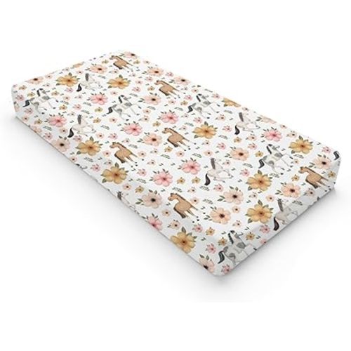 Watercolor Horse Boho Floral Changing Pad Cover Cute Horses Baby Diaper Change Table Pad Cover for Boys Girls Soft Breathable Stretch Snug Fitted Diaper Changing Mat Sheets Covers 32''x16'' White
