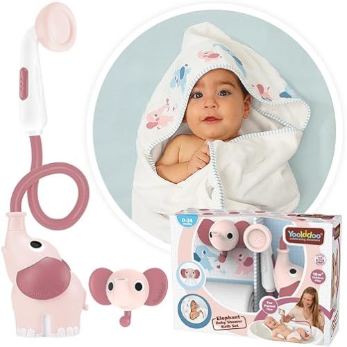 Yookidoo Baby Bath Elephant Shower Head Gift Set - Includes Hooded Towel & Hanger - Control Water from 2 Elephant Trunk Knobs for Max Fun in Tub or Sink Newborns, Toddlers, Boys, Girls (Blush Pink)