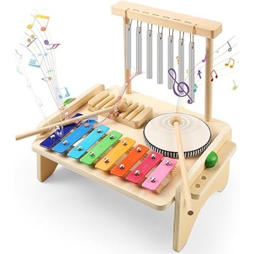 Kids Drum Set,Baby Musical Instrument for Toddler,Wooden Xylophone for Toddlers with Baby Drum Set and Wind Chime,Montessori Musical Instruments Toys for Kids,Musical Toys for Toddlers Birthday Gift