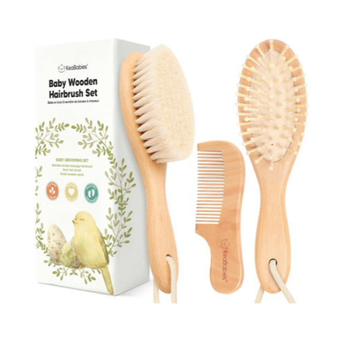 Baby Hair Brush and Comb Set for Newborn - Wooden Baby Hair Brush Set with Soft Goat Bristle, Baby Brush Set for Newborns Baby Brush and Comb Set Girl, Boy, Toddler Cradle Cap Brush (Oval, Walnut)