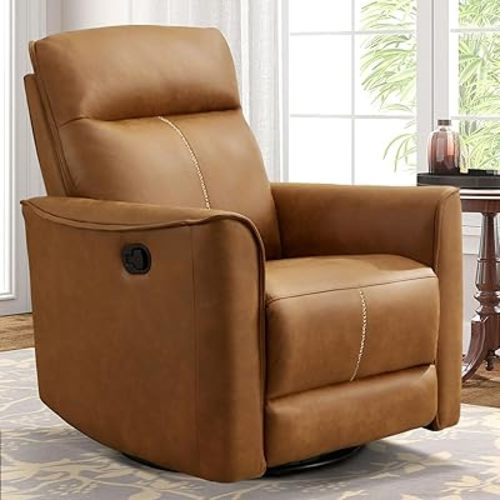 Swivel Rocker Recliner, Glider Rocking Chair, Nursing Chairs Swivel Glider Recliners with Soft Backrest, Leathaire Manual Reclining Sofa for Living Room Bedroom Apartment, Brown