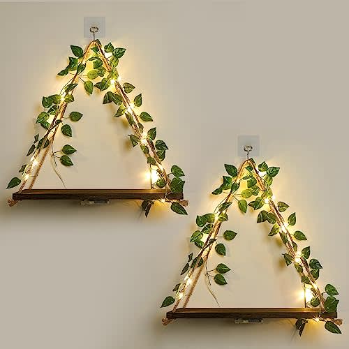 JOPSTDI Floating Shelves,Plant Wall Decor,Wall Shelf,No Drill Shelves,Decorative Leaves and Light Strip,Set of 2 Plant Shelf,Easter for Decorating,Gift(Green Leaf)