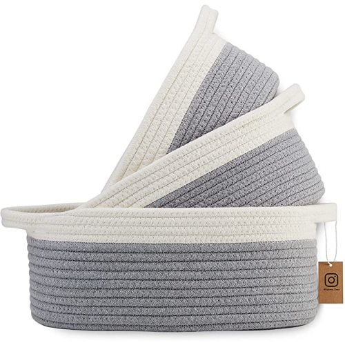 NaturalCozy 3-Piece Oval Basket Set– Natural Rope Woven Baskets for Storage, Gift Basket Empty, Toy Basket, Soft Baby Basket for Nursery, Cat Dog Baskets, Small Basket (Off White & Gray)