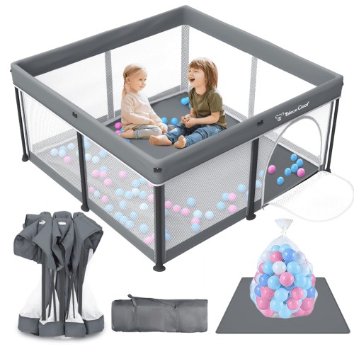 Foldable Baby Playpen with Mat, Collapsible Play Pen for Babies and Toddlers, Indoor & Outdoor Kids Safety Play Pen, Portable Play Yard with 50 Ocean Balls, 50"×50", Gray