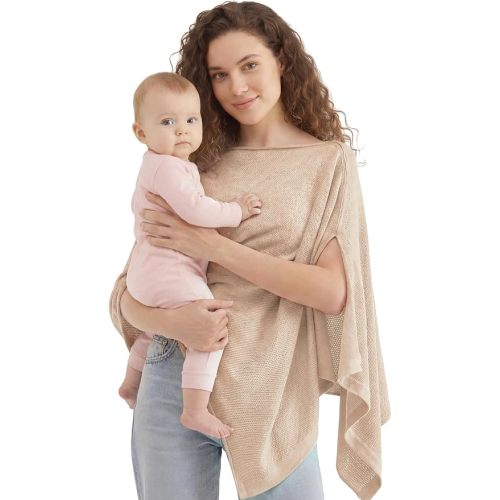 PATPAT Mesh Nursing Cover, Breathable Solid Knit Poncho, Beige