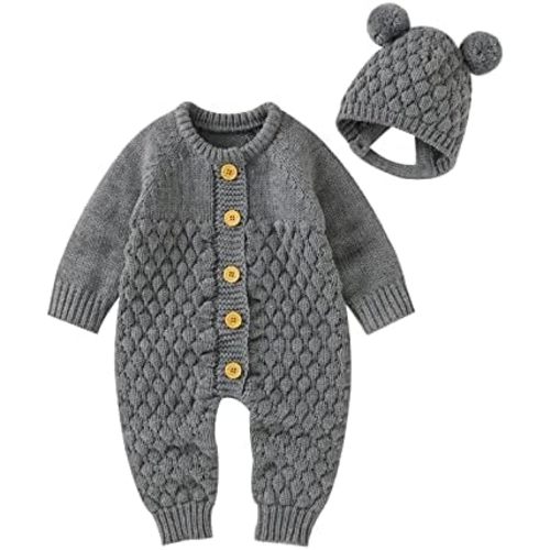Newborn Baby Boy Girl Winter Clothes Knitted Sweater Romper Crewneck Solid Color Jumpsuit Hat Infant Fall Outfit