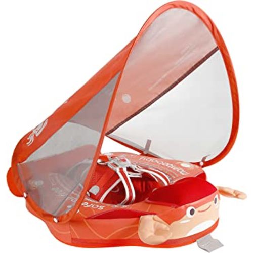 Mambobaby Float Add Tail Newest Baby Swim Float with Canopy Solid Pool Infant Swim Trainer Swimming Training Lying Air Free Water Floats Non-Inflatable Waist Swim Ring for Toddlers (Crab)