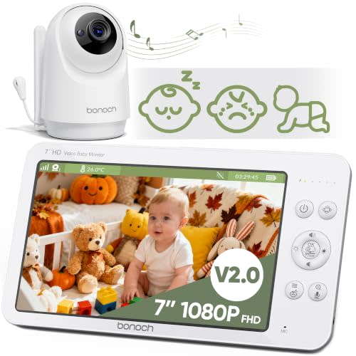 bonoch 2026 Upgraded V2.0 Baby Monitor No WiFi, 7" 1080P MegaView Video Monitor with Camera and Audio, Sleep/Crying/Motion Detection, 6000mAh Battery, VOX Mode, Night Vision, Hack Proof, White Noise