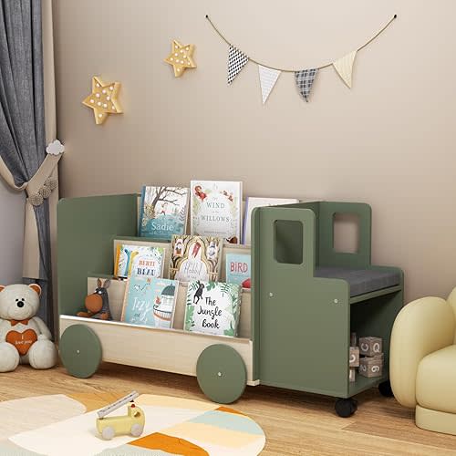 Kids Bookshelf with Locking Wheels, 3-Tier Truck Book Shelf, 4-in-1 Montessori Bookshelf with Toy Storage & Seat for Kids Rooms, Toddler, Nursery, CPC-Certified (32.5" L x 17.3" W x 13" H)