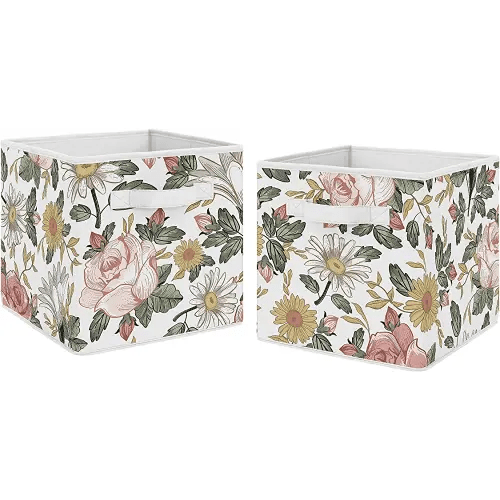Sweet Jojo Designs Vintage Floral Boho Foldable Fabric Storage Cube Bins Boxes Organizer Toys Kids Baby Childrens - Set of 2 - Blush Pink, Yellow, Green and White Shabby Chic Rose Flower Farmhouse