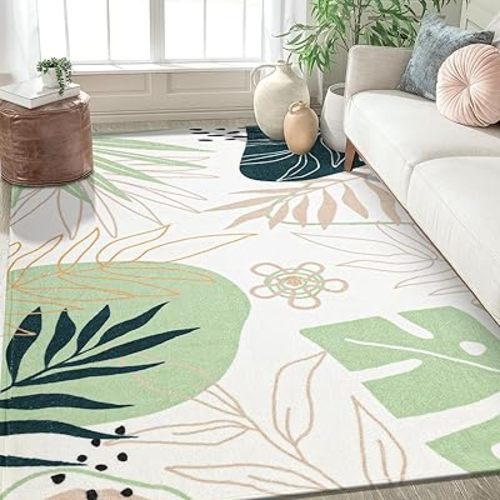 Washable Area Rug 5x7 Non-Slip Green Boho Rug for Bedroom Cute Soft Throw Kids Nursery Rug, Low Pile Abstract Plant Print Soft Floor Carpet for Bedroom Nursery Classroom Living Room