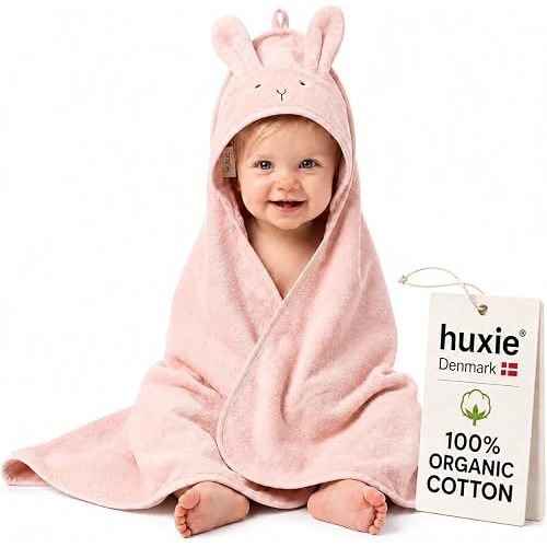 Hooded Baby Towel – 100% Organic Cotton Baby Bath Towels – Baby Girl Newborn Essentials - Super-Soft and Absorbent. (Rabbit - Blush)