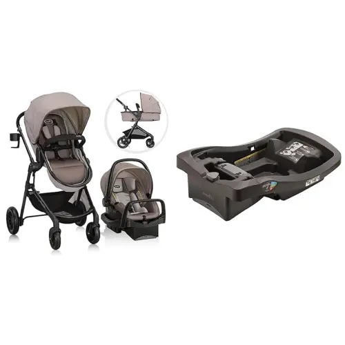 Evenflo Pivot Modular Travel System with LiteMax Infant Car Seat with Anti-Rebound Bar (Desert Tan) and Evenflo LiteMax Infant Car Seat Base, Black