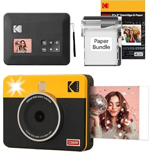 KODAK Mini Shot 3 Retro 3x3” Instant Digital Camera & Photo Printer, 38 Sheets, 2-in-1 Portable Print Camera, Bluetooth Smartphone Printer for iOS & Android, 4PASS Dye Sublimation, Yellow