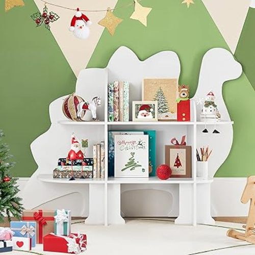 Dinosaur Kids Bookshelf, 2-Tier Bookshelf for Kids, Baby Bookshelf and Toy Storage, Wooden Kids Bookcase, Toddler Book Shelf Organizer for Kids Rooms, Nursery, Bedroom, Playroom, White