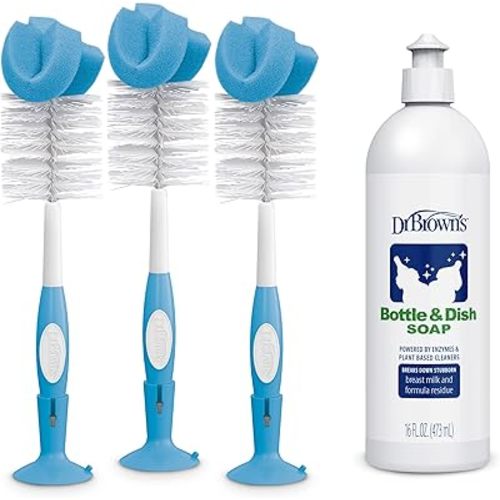 Dr. Brown's Reusable Sponge Baby Bottle Cleaning Brush, Blue 3-Pack & Fragrance-Free Dish Soap, 16oz