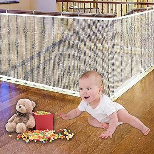JIFTOK Baby Gate for Stairs, Banister Guard for Kids, Pets, Toys, 18ft L x 2.66 ft H, Mesh Netting Safety Net for Balcony Rail Stair, Stairway Net Baby Safety Products for Indoor & Outdoor (White)