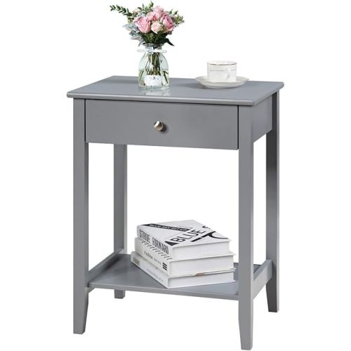 Giantex Nightstand Wooden 2-Tier Couch Sofa Side Table with Drawer, Storage Shelf, Solid Wood Legs,Mufti-Functional Home Furniture for Living Room Bedroom Study Room End Table (1, Gray)