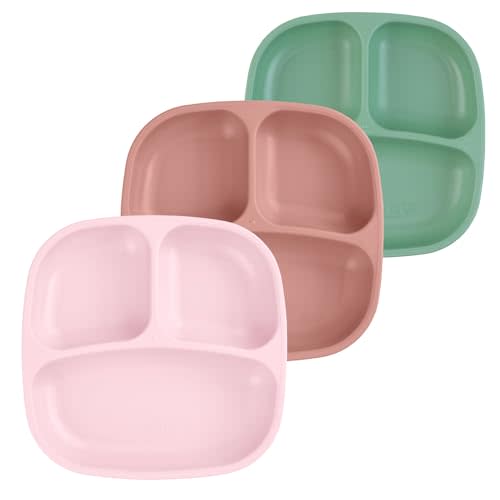 Re-Play Toddler Plates with Dividers - Deep-Walled 3 Compartments Divided Plates for Kids - Dishwasher & Microwave Safe - Made in USA - Set of 3-7.37" x 7.37" x 1.25" - Blossom