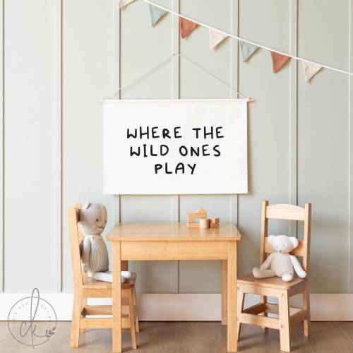 Where the Wild Ones Play Canvas Sign | Kids Room Decor | Nursery Wall Art | Playroom Inspirational Banner | Neutral Playroom Decor | 69