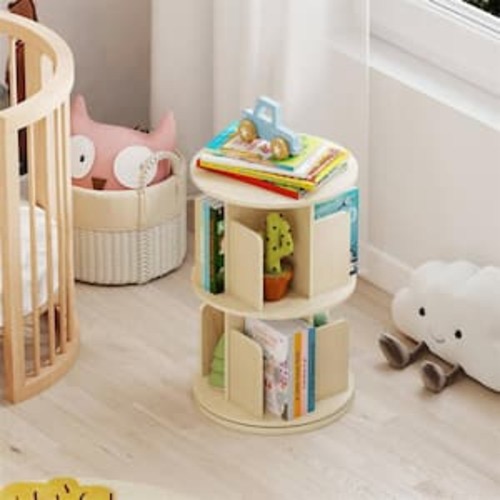 26 in. Tall Natural Engineered Wood 2-Shelf Rotating Accent Bookcase 360° Display Rack with Anti-falling Baffles