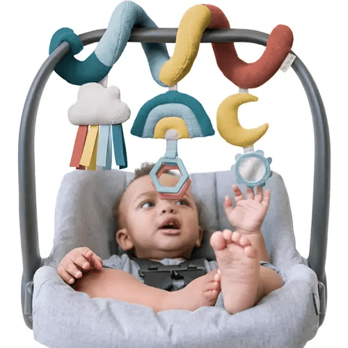 Itzy Ritzy Spiral Car Seat & Stroller Activity Toy - Stroller & Car Seat Toys for Ages 0 Months and Up - Hanging Toys Include Clinking Rings, Mirror and Textured Ribbons (Rainbow)