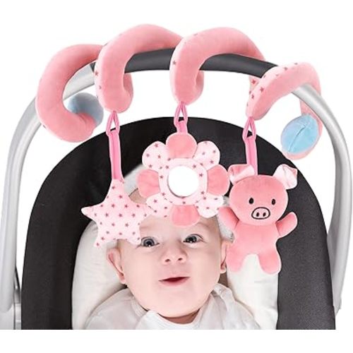vocheer Car Seat Toys for Babies 0-6 Months Hanging Rattle Bouncer Toys for Crib Mobile, Infant Spiral Plush Stroller Toy, Girls Pink Pig