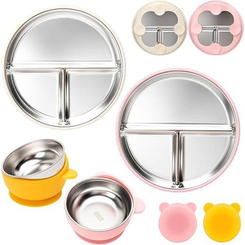 Stainless Steel Plates & Bowls Set for Toddlers, 2 Plates & 2 Bowls with Removable Silicone Suction Base, Unbreakable Baby Feeding Set for Kids, Leak-Proof, Dishwasher Safe