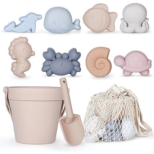 11Pcs Silicone Beach Toys,Modern Baby Beach Toys,Travel Friendly Beach Set,Silicone Bucket, Shovel, 8 Sand Molds, Beach Bag,Silicone Sand Toys for Toddlers, Kids (Begie)