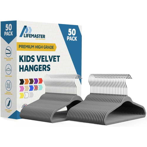 Lifemaster Velvet Kids Hangers, 50-Pack Non-Slip Baby & Toddler Clothes Hangers, Slim Space-Saving with Swivel Hook, Gary