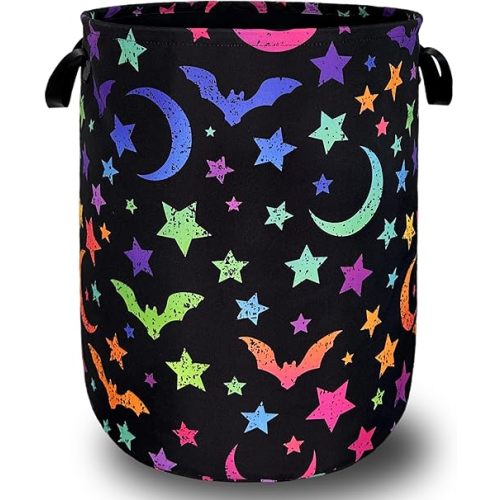 Colorful Bats Laundry Hamper Moon Stars Laundry Basket With Handles Foldable Oxford Cloth Goth Style Funny Tote Bag Clothes Toy Storage Bucket 18.9" x 16.5" For Bathroom/Laundry/Bedroom