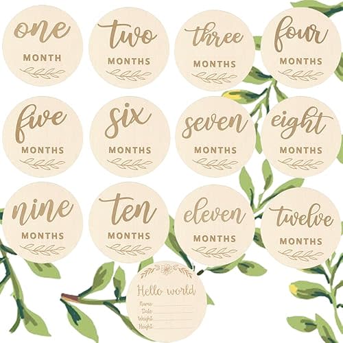 Wooden Baby Monthly Milestone Cards, 1-12 Months Wooden Discs with Baby Announcement Sign