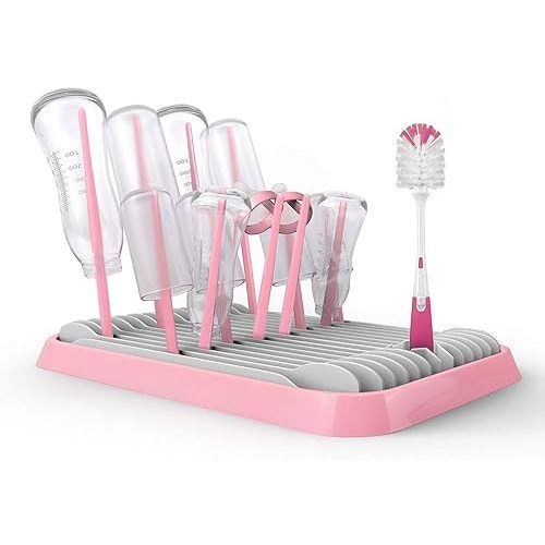 Sankoo Baby Bottle Drying Rack with Tray，High Capacity Foldable Countertop Bottle Holder for Bottles, Teats, Cups, Pump Parts and Accessories (Pink)