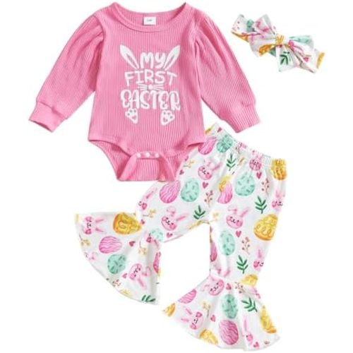 Newborn Baby Girl Easter Outfit My 1st Easter Knitted Romper Bodysuit T-Shirt Tops Bell Bottom Pants Clothes Set