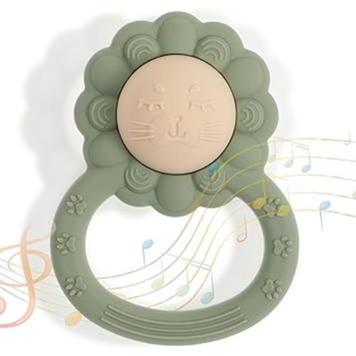 Rattle Teether, Lion Shape Montessori Baby Sensory Teething Toys, Food Grade Silicone BPA Free, Newborn Essentials Must Haves (Shifting Sand Sage)