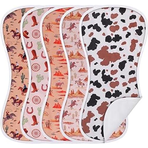 5 Pack Western Burp Cloths Soft Absorbent Burping Cloths for Babies Girl Boy Cowboy Nursery Decor Spit up Rags Burping Rags with 5 Labels for Infant Newborn Gifts, 19 x 9 Inches
